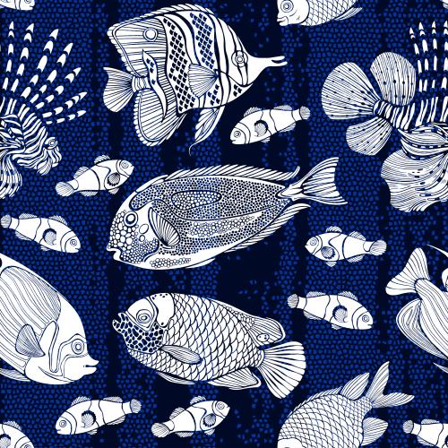 Vektor tropische Fische, weiße Silhouetten auf blauem Mosaik