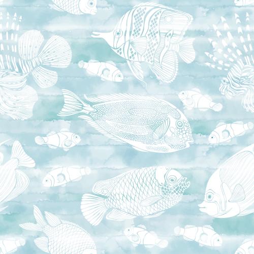 Vektor exotische Cartoon-Fische, weiße Silhouetten auf hellblauem Aquarell