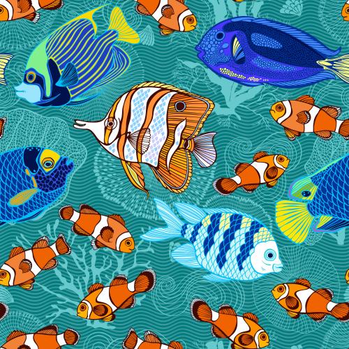 Vektor Unterwasserwelt, tropische Fische, Korallen, Wellen auf blaugrünem