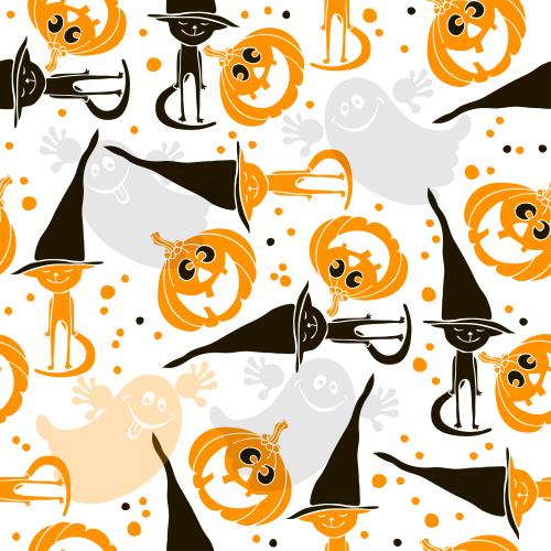 Vektor Amüsante Katzen in Hexenhüten, hübsche Geister, lachende Kürbisse auf weiß