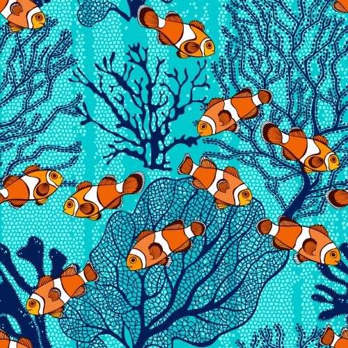 Vektor Clownfische und Korallen auf hellblauem Mosaik