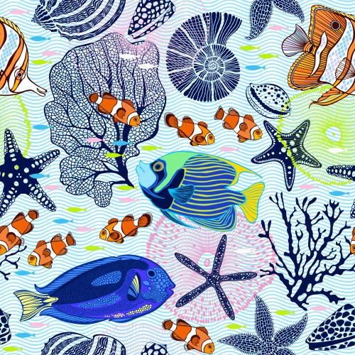 Vektor tropische Fische, Seesterne, Muscheln, Korallen, blaue Wellen auf weißem